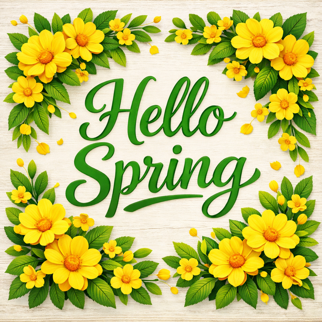 Hello Spring Green Text with Yellow Flowers and Green Leaves